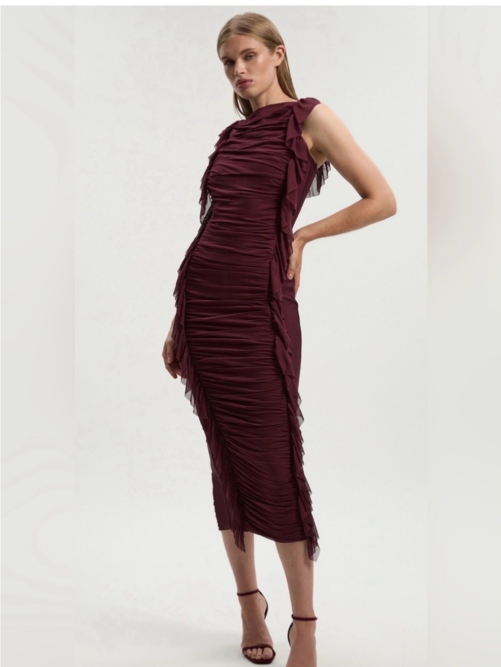 NWT Karen Millen Burgundy Ruffled Midi Mixed Media Bandage Dress Sz. L